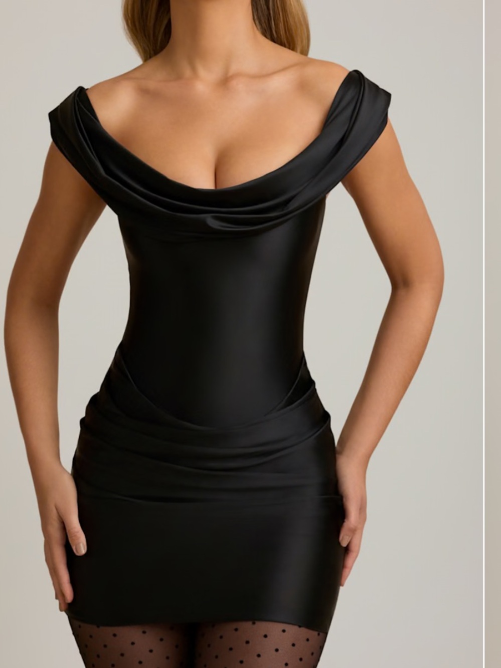 Oh Polly Black Satin Off-Shoulder Draped Mini Dress